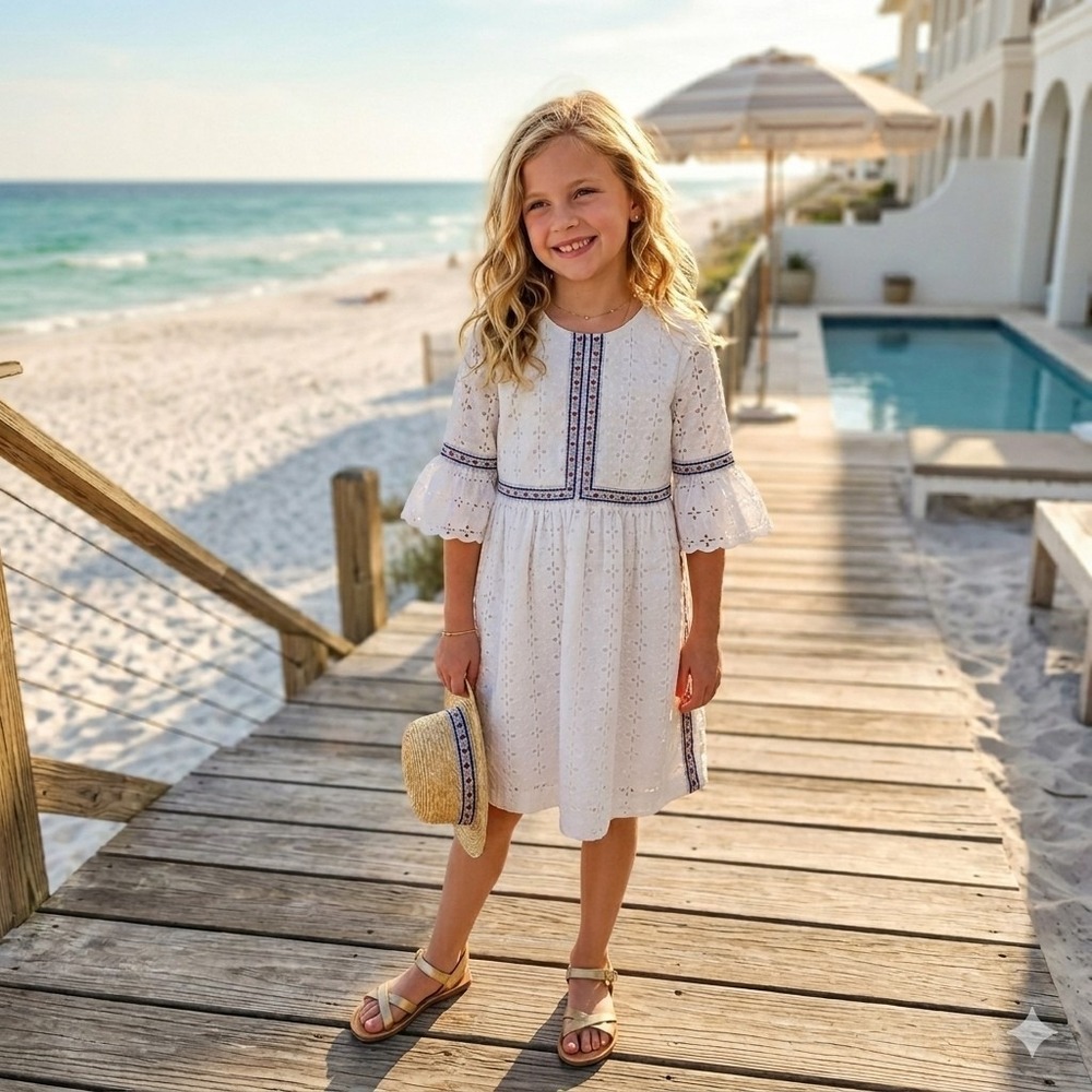 Hanna Andersson Eyelet Dress 8 Ivory Embroidered Cottagecore Prairie Heirloom